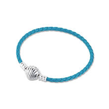 100% 925 Sterling Silver Jewelry Moments Seashell Clasp Turquoise Braided Leather Bracelet For Women DIY Charms Bracelet Femme 2024 - buy cheap