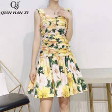 Qian han zi-vestido designer da moda, sexy, alça espaguete, vestido feminino de verão, mini vestido com estampa de camélia skinny e dobrável, 2021 2024 - compre barato