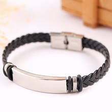 Stainless Steel Blank ID Tags Leather Bangles For Engrave Leather Braid Bracelet With Metal Plate Wholesale 10pcs 2024 - buy cheap