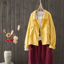 Jaqueta feminina folgada de linho, casaco de mangas compridas e com bolso duplo, solto e felpudo para primavera, amarelo sólido 2024 - compre barato