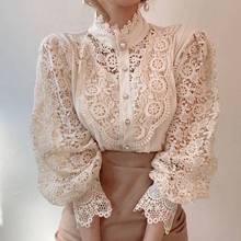Blusa feminina sexy de renda com gola alta, camisa branca elegante estilo coreano, roupas femininas da moda para primavera e outono de 2021 2024 - compre barato