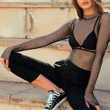 Women Fishnet Mesh See-through Black shirts Female Harajuku Nightclub Fashion Sexy Street snap wind Fashion Long Sleeve Tee Tops 2024 - buy cheap