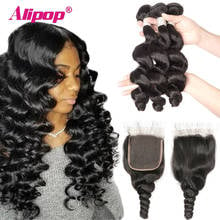 Loose Wave Bundles With Closure Remy Human Hair Bundles With Closure Brazilian Hair Weave Bundles ALIPOP Lace Closure 2024 - buy cheap