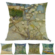 Cuadro de algodón y lino con pintura de árboles de albaricoque en flor, funda de almohada cuadrada de 45x45cm, funda de cojín para sofá, decoración para el hogar 2024 - compra barato