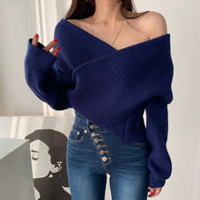 Suéter con cuello en V para mujer, Jersey Sexy con hombros descubiertos, tejido, informal, coreano, primavera 2021 2024 - compra barato