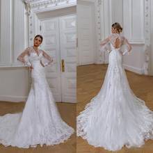 2020 Mermaid Wedding Dresses V Neck Long Sleeve Lace Appliques Bridal Gowns Custom Made Lace-up Back Sweep Train Wedding Dress 2024 - buy cheap