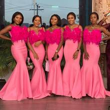 Black Girls Mermaid Bridesmaid Dresses Fuchsia Feathers Top African Women Wedding Party Gowns Beading Sash  Maid Of Honor Dress 2024 - buy cheap