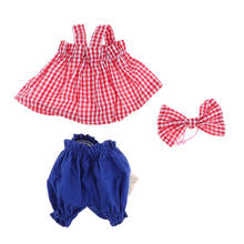 3 pçs roupas de boneca conjunto xadrez sundress & azul calças curtas vermelho hairband para 25cm mellchan bonecas accs 2024 - compre barato