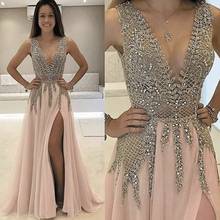 SuperKimJo Elegantes De Gala V Neck Beaded Prom Dresses Long Pink Sleeveless Tulle Prom Gown Vestidos De Fiesta De Noche 2024 - buy cheap