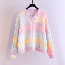 Женский свободный пуловер в полоску с v-образным вырезом, вязаный свитер в Корейском стиле 2024 - купить недорого