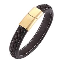 Vintage Men Jewelry Accessories Brown Leather Bracelet Gold Stainless Steel Magnetic Clasp Punk Male Leather Wristband SP0215 2024 - buy cheap