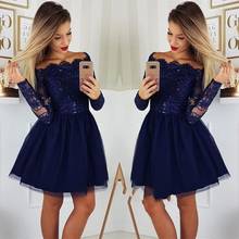 Sexy Off The Shoulder Navy Blue Short Prom Dresses 2019 Mini Length Lace Appliques Girls Long Sleeves Homecoming Dresses 2024 - buy cheap