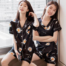 2020 Summer Short Sleeve Silk Satin Shorts Pajama Set for Women Print V-neck Sleepwear pyjama Homewear Pijama Mujer Home Clothes 2024 - buy cheap