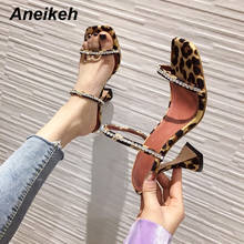 Aneikeh Fashion Leopard Print Slippers Slides Women Square head Peep Toe Slip on Sandals Spike Heels Diamond Crystal Ladies Shoe 2024 - buy cheap