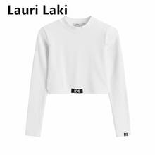 Lauri laki blusa curta feminina, camiseta branca, lisa, chique, apertada, gola redonda, manga longa, moda de rua, primavera, verão, 2021 2024 - compre barato