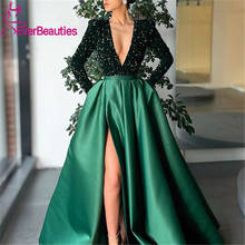 Evening Dress with Pockets 2021 Satin Sequins Long Sleeves Robe De Soiree A-Line Side Split Vestidos Formales 2024 - buy cheap