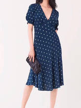 Women Viscose Dress Retro New 2020  Blue Printing Short Sleeve V Neck Casual Mid Style Robe 2024 - buy cheap