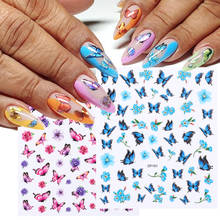 3D голографические наклейки для ногтей с бабочками лазерные Синие Бабочки Цветы Слайдеры для маникюра летние наклейки для ногтей украшение LADP161 2024 - купить недорого