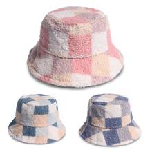 Women Men Winter Warm Fuzzy Plush Bucket Hat Sweet Color Block Plaid Printed Wide Brim Sunscreen Harajuku Fisherman Cap
 2024 - buy cheap