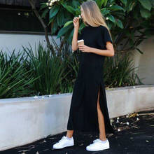 Autumn Basic Side High Slit Long T Shirt Women Sex Dress Short Sleeves Black New Fashion Clothing 2024 - buy cheap