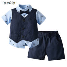 Conjunto de roupa formal para meninos, blusa e top de verão com camiseta de manga curta, gravata borboleta + camiseta + shorts, 3 peças, roupa infantil para meninos 2024 - compre barato