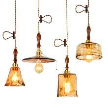 IWHD-lámparas colgantes Vintage de cobre y madera, accesorio ajustable para cafetería, Bar, dormitorio, vidrio ámbar, estilo japonés, Edison, LED 2024 - compra barato