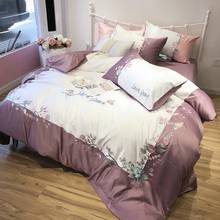 Conjunto de cama de algodão de seda rainha rei tamanho rosa roxo conjunto cama para as mulheres luxo bordado capa edredão lençóis folha fronha 2024 - compre barato