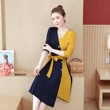 Sping-vestido de oficina elegante para mujer, ropa de calle a la moda informal de retazos, color amarillo y negro, talla grande 2024 - compra barato