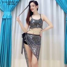 New Female Belly Dance Top+Hip scarf Sexy Mesh Bead Sequin Dress Bellydance Practice Performance Clothes Elegant Stage Show Wear 2024 - buy cheap