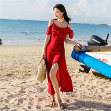 Seaside Resort Sanya Beach Dress Girlfriends Outfit Spaghetti Strap Women Dresses Luxury Summer Mid-Calf Red Lady Girl Vestidos 2024 - buy cheap