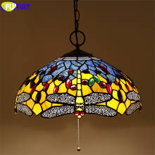 FUMAT 16" Tiffany Blue Yellow Red Dragonfly Stained Glass Pendant Lamp Rose Gemstone Handicraft Hanging Light Fixture Home Decor 2024 - buy cheap
