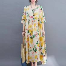 Plus size floral impresso vestido de verão do vintage das senhoras de algodão vestido de uma peça oversized 4xl 5xl 6xl boho linho maxi vestidos 2024 - compre barato