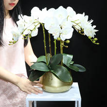 Organização de flores de orquídea branco-índigo, para flores de orquídea (5 unidades + 3 unidades de folhas + vaso) com toque real, flor falsa, peça central de decoração para escritório 2024 - compre barato