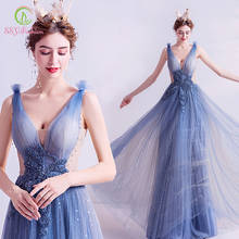 Женское вечернее платье SSYFashion, голубое длинное вечернее платье с v-образным вырезом, украшенное кристаллами и бусинами, вечерние платья длиной до пола, на заказ, Vestido De Noche 2024 - купить недорого