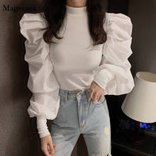 New Autumn Knitted Patchwork Slim Fit Tops Spring 2021 Korean Shirt O Neck Puff Long Sleeve Design Blouse Women  Blusas 12910 2024 - buy cheap