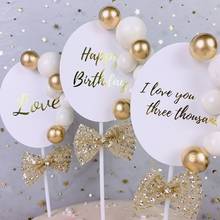 Gold Balloon Happy Birthday Cake Topper Mesh Bow Love Wedding Cupcake Topper For Valentine's Day Birthday Party Cake Decorations 2024 - buy cheap