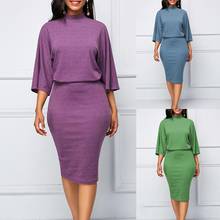 Plus Size Fashion Women Solid Color 3/4 Sleeve Round Neck Bodycon Midi Dress 2024 - buy cheap