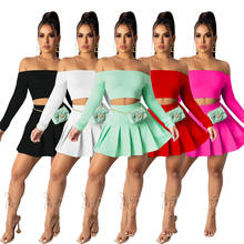 Sexy off Shoulder Skirt Short Sets Long Sleeve Crop Top and Pleated Mini Skirt Casual Two Pieces Summer New 2021 Women Outfits 2024 - buy cheap