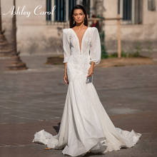 Ashley Carol Mermaid Wedding Dresses 2022 Luxury Beaded Puff Sleeve Bridal Backless V-Neck Shinying Bride Gown Vestido De Noiva 2024 - buy cheap