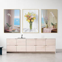Pintura de tela com flores em vaso, janela, paisagem, ondas do mar, posteres e impressões, imagens de arte de parede nórdica para sala, decoração de casa 2024 - compre barato