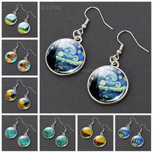 Pendientes redondos de arte de pintura al óleo de Van Gogh para mujer, aretes de noche estrellada, Color plateado, regalo para niña, joyería de cabujón de vidrio 2024 - compra barato