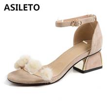 ASILETO 2020 Spring Summer Woman Furry Sandals Open Toe 6cm Strange Heels Flock One-button buckle Large size 31-43 Casual S1784 2024 - buy cheap