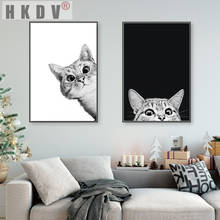 HKDV-pintura abstracta de Canva, póster impreso de estilo nórdico, encantador gato blanco y negro, imagen artística de pared para sofá, decoración del hogar para sala de estar 2024 - compra barato