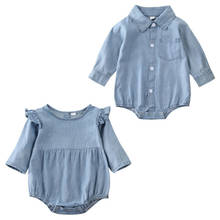 Bebê recém-nascido menino menina denim manga longa macacão playsuit conjunto roupa 0-24m 2024 - compre barato