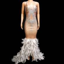 Sparkly Rhinestone Feather Tail Dress Women Sexy Sleeveless Bodycon Long Dress Prom Evening Stage Costume Birthday Party Dresses 2024 - buy cheap