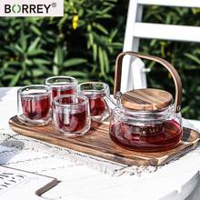 BORREY-Juego de tetera con bandeja de madera de Acacia, tetera de vidrio de borosilicato resistente al calor, vela Floral, taza de té, té de la tarde y café 2024 - compra barato