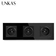 UNKAS Crystal Glass Panel French Standard Wall Socket 258*86mm Power Socket Plug Grounded 16A Black Electrical Triple Outlet 2024 - buy cheap