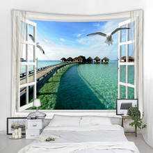 Красивый вид снаружи окна гобелен морской пейзаж настенное украшение в стиле хиппи богемное украшение на стену Мандала 2024 - купить недорого