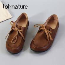 Johnature Flats Women Shoes Lace-Up Spring/Autumn 2022 New Genuine Leather Concise Handmade Retro Mori Style Casual Ladies Shoes 2024 - buy cheap