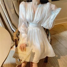 Ulzzang-vestido francês branco, transparente com gola v, moda primavera e outono, vestido estilo coreano 2024 - compre barato